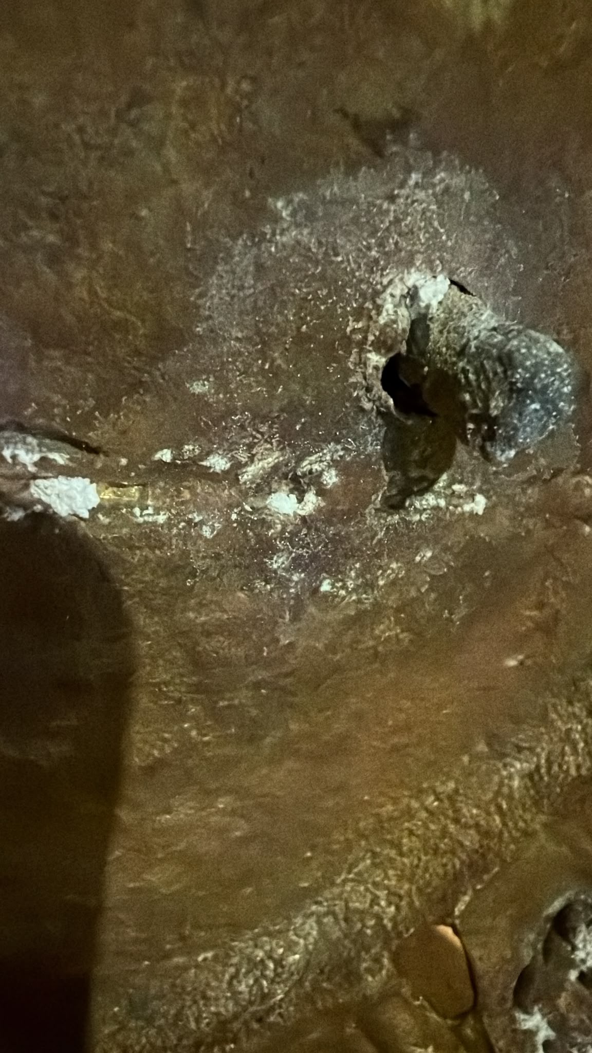 Detail van oude witte minerale zoutafzetting op een antieke Groene Tara uit Nepal, ontstaan door natuurlijke veroudering en langdurige oxidatie.