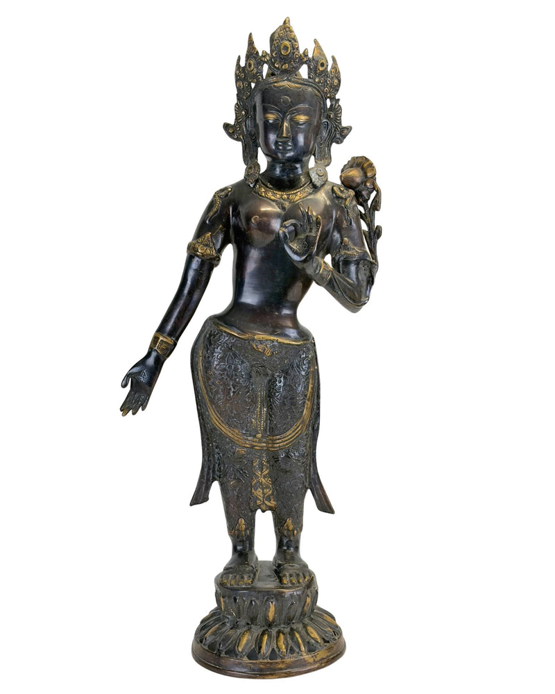 Tara verte en bronze népalais antique – Art Newar – Vallée de Katmandou – 19ème siècle – 68,5 cm - Statue de Bouddha Nepalaise