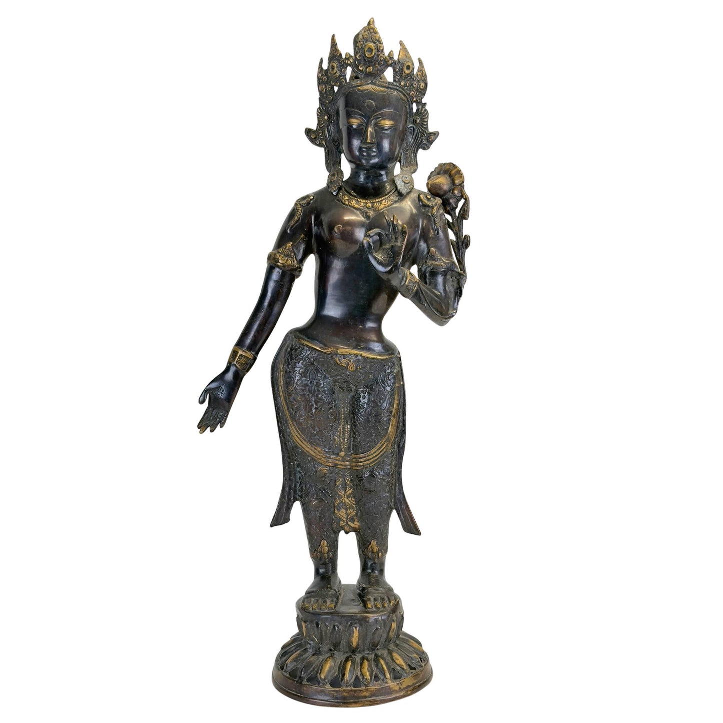 Antique bronze Green Tara from the Kathmandu Valley, front view with original fire gilding and black Newar patina.