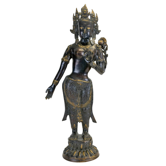 Antique bronze Green Tara from the Kathmandu Valley, front view with original fire gilding and black Newar patina.