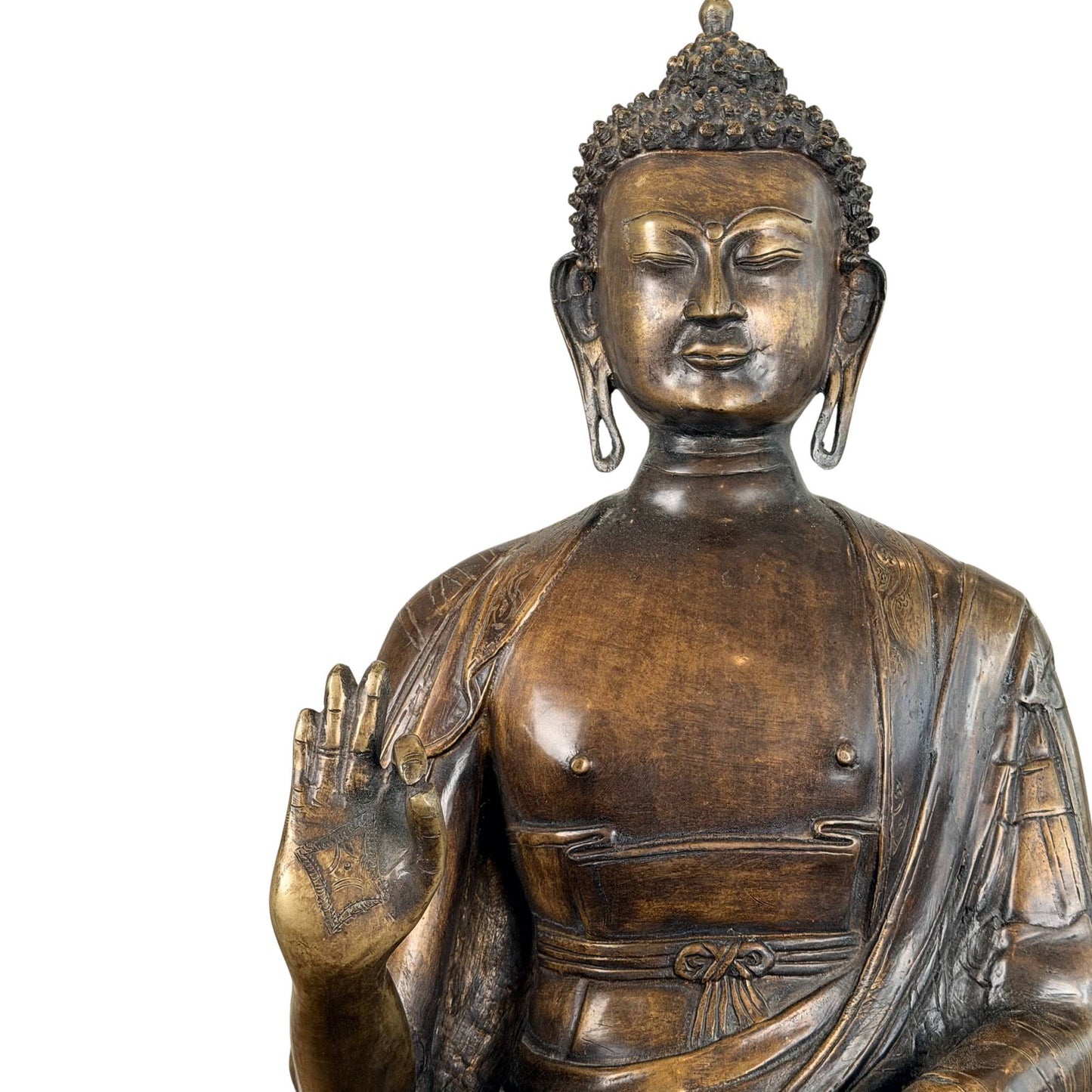 Antique Himalayan Buddha of fire-gilded bronze, weighing 27 kg, with deep patina and powerful spiritual presence