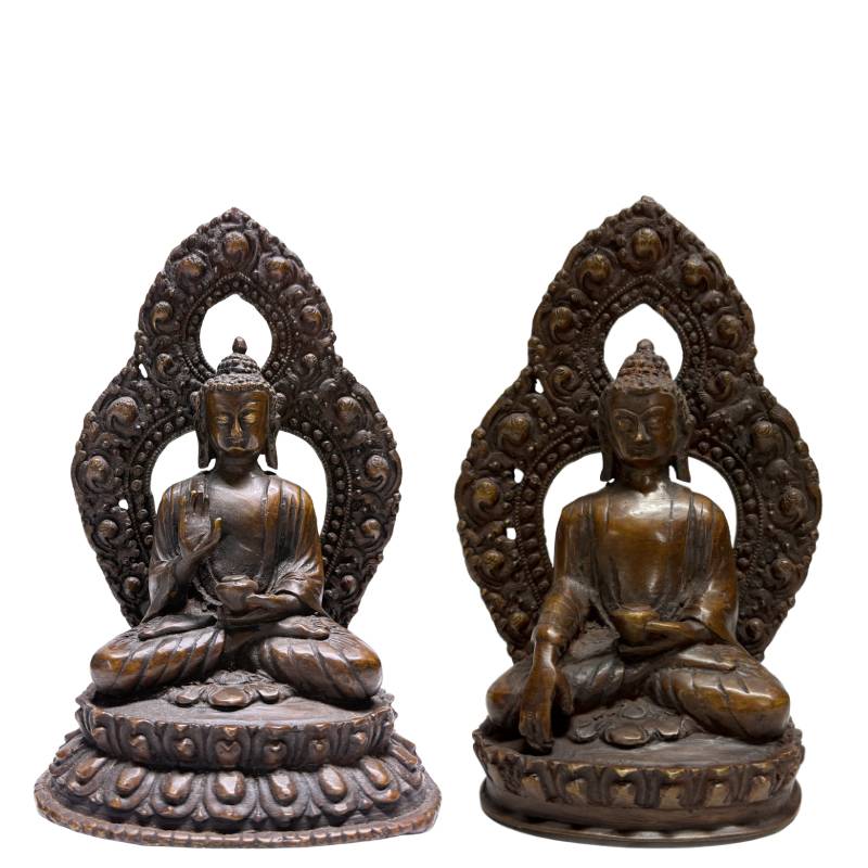 Set of two antique Himalayan bronze Buddha statues with Dhyana Mudra and remnants of fire gilding