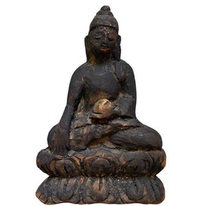 Bouddha antique en bois – Statue de dévotion himalayenne – Lot 196