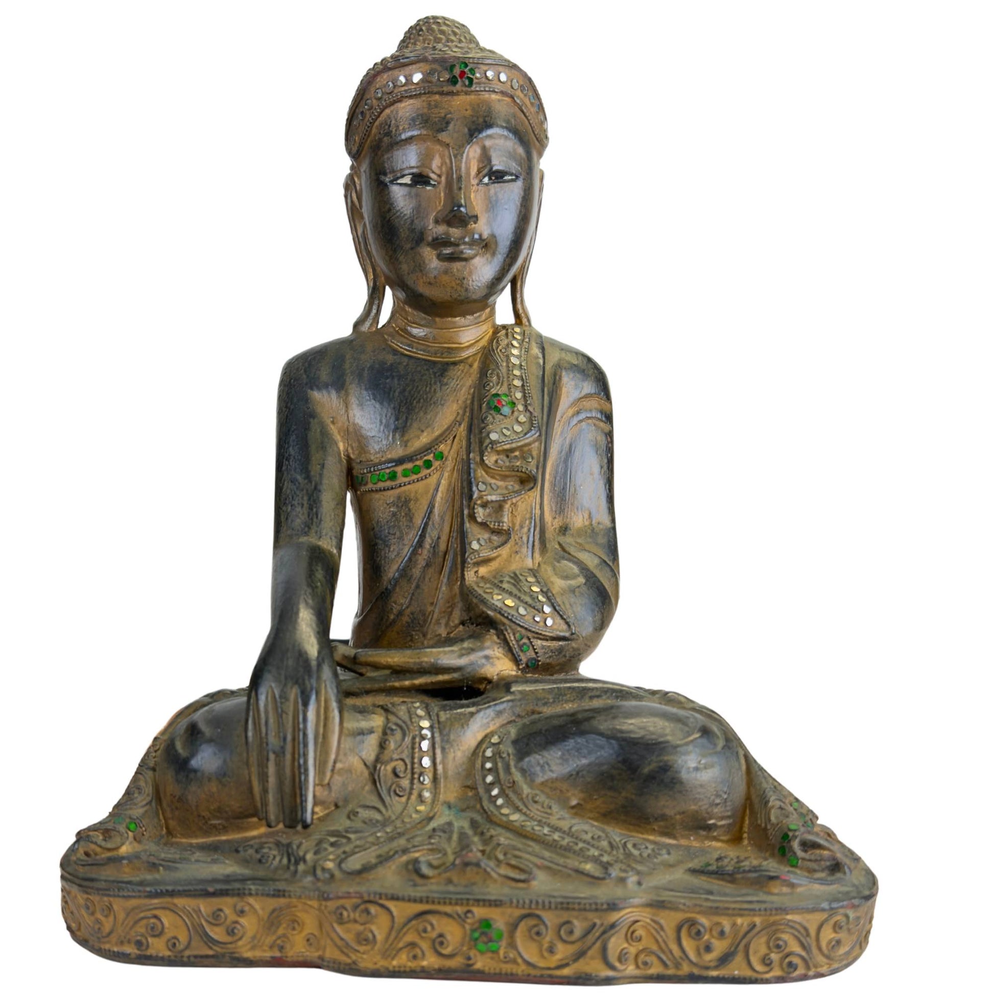 Antique wooden Mandalay Buddha from Myanmar with a serene appearance