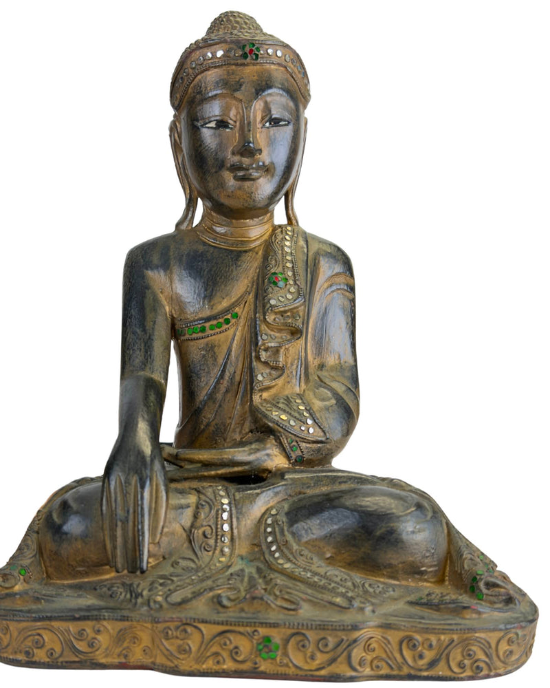 Bouddha mandala en bois ancien avec incrustations de verre, Birmanie, vers 1880
