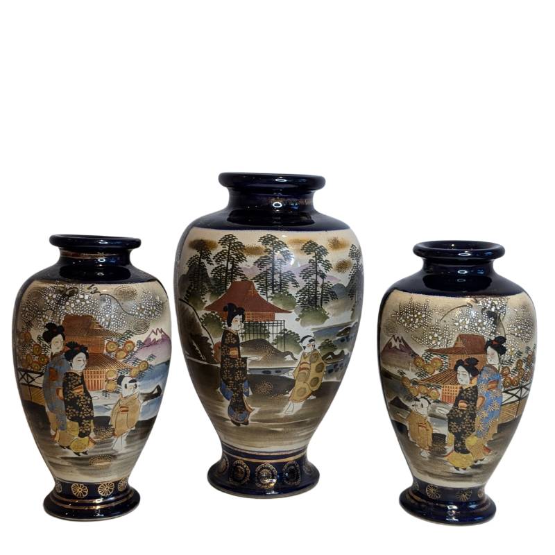 Three-piece set of Japanese Satsuma vases with hand-painted Geisha scenes and gold accents