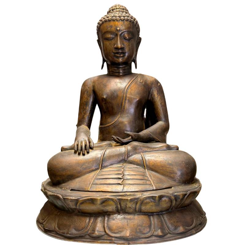 Monumental antique Javanese bronze statue of the Buddha in Bhumisparsha Mudra.