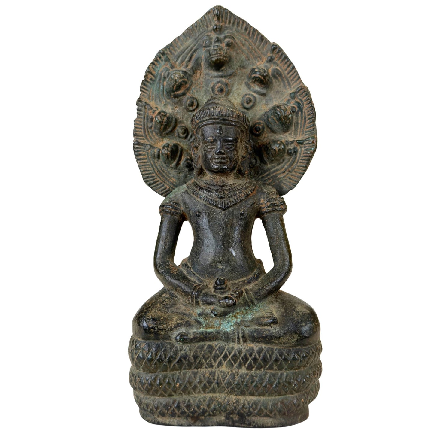 Antique bronze Khmer-style Buddha statue under the Naga hood.