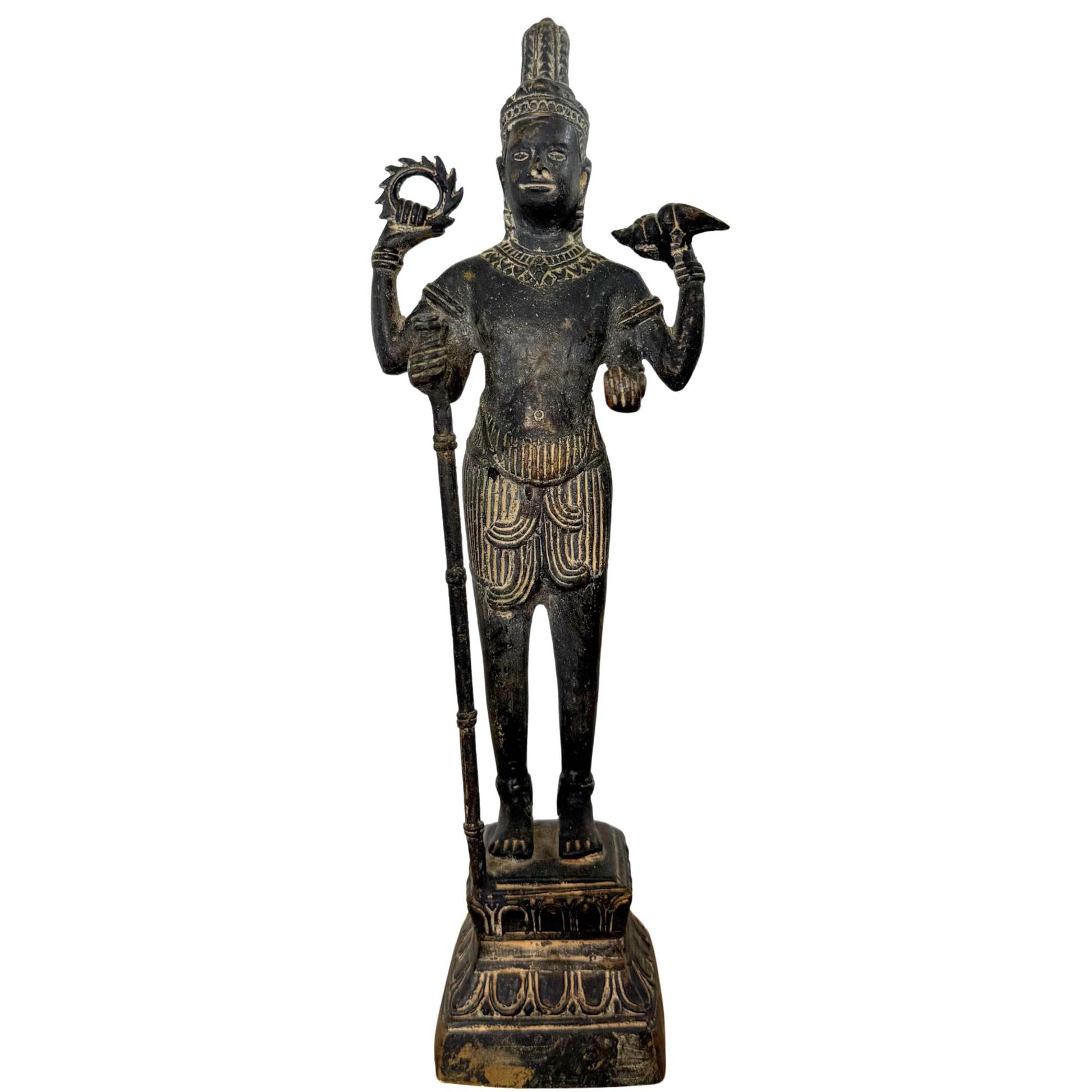 Authentic Khmer bronze statue of Vishnu, 29 cm high, 13th-14th century, full front view.