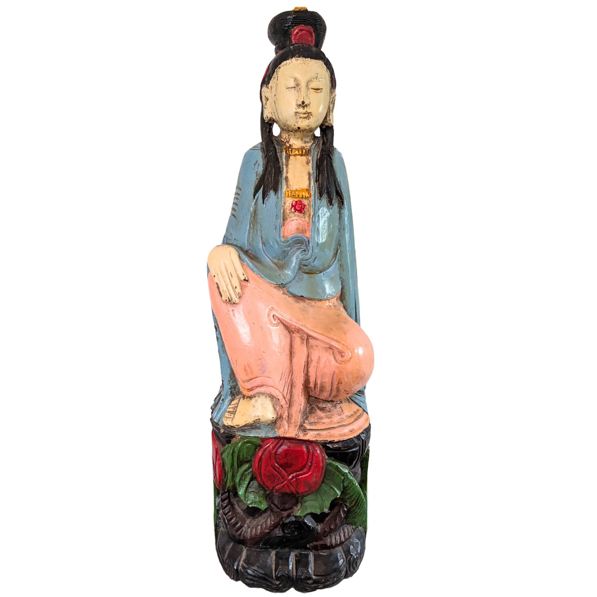 Antique Kwanyin made of camphor wood from China, large religious statue with polychromy