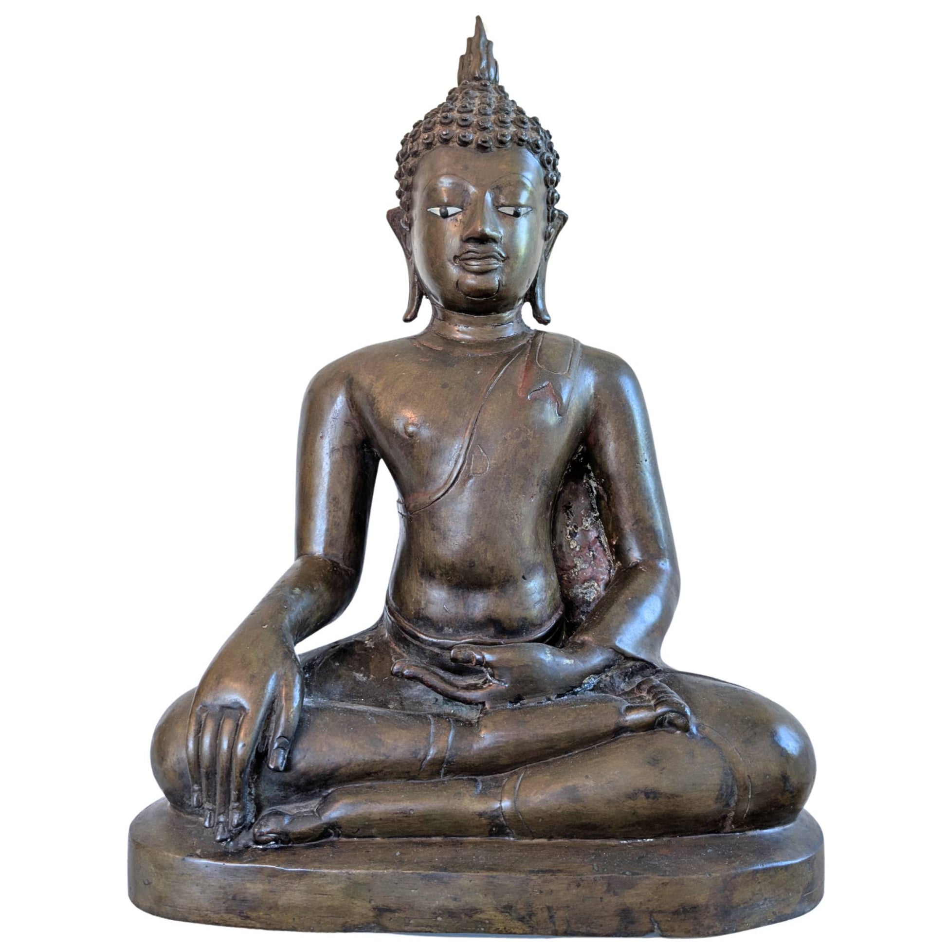 Antique Lan Xang Buddha 46cm with ivory eyes and fire gilding