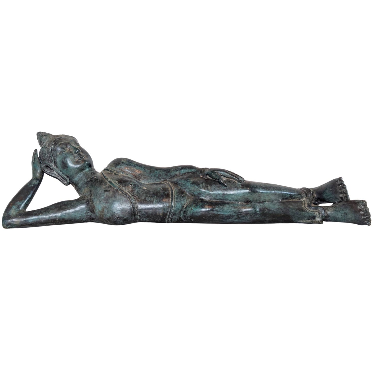 Large antique reclining Buddha from Thailand made of bronze with remnants of gilding and natural patina