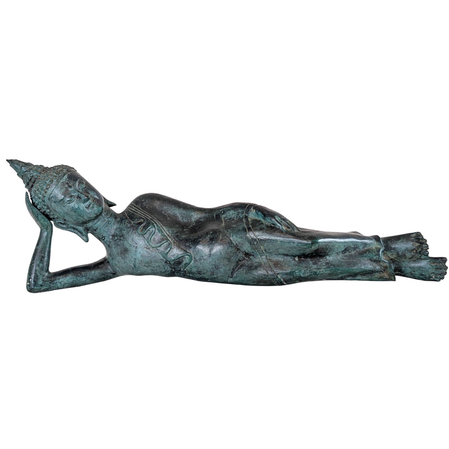 Antique reclining Buddha from Thailand in Parinirvana pose, made of bronze with natural patina.