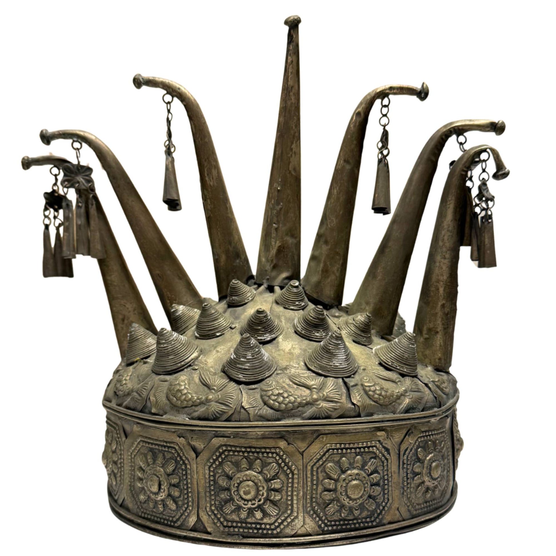 Antique Miao shaman's crown of hand-beaten metal, rare ritual head ornament with repoussé fish motifs