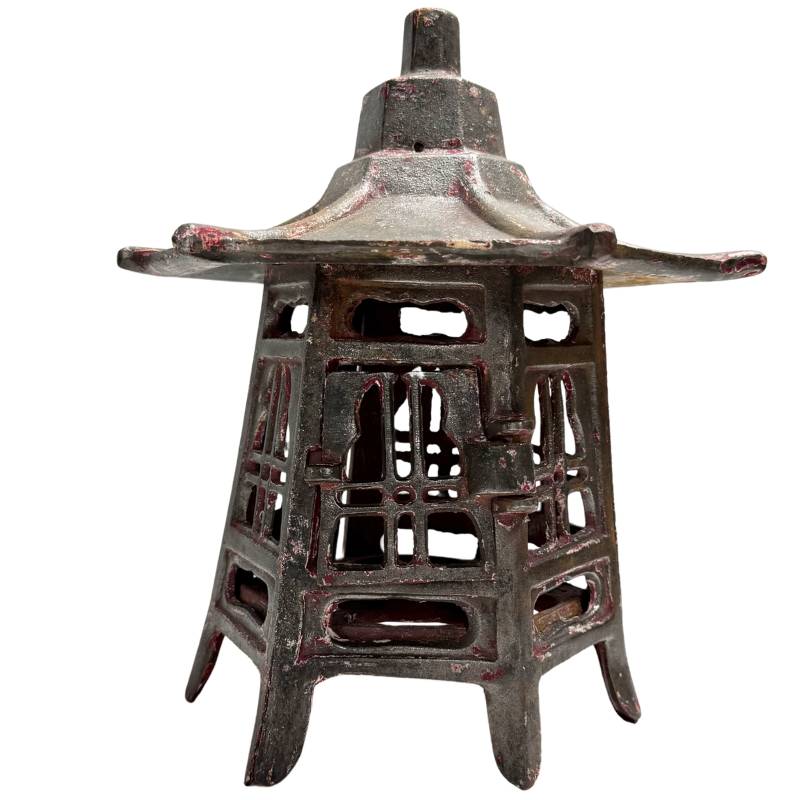 Antique red Japanese pagoda lantern of solid cast iron