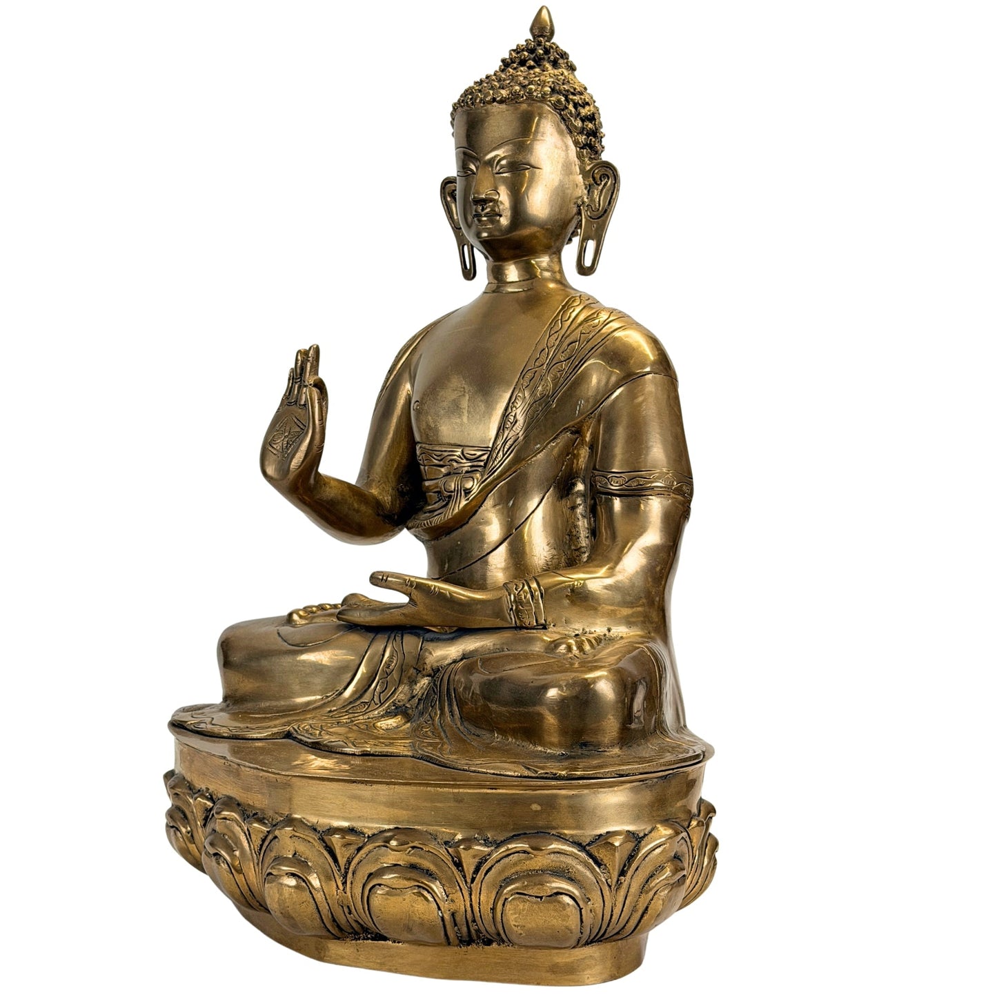 Antieke bronzen Shakyamuni Boeddha schuin van links gezien