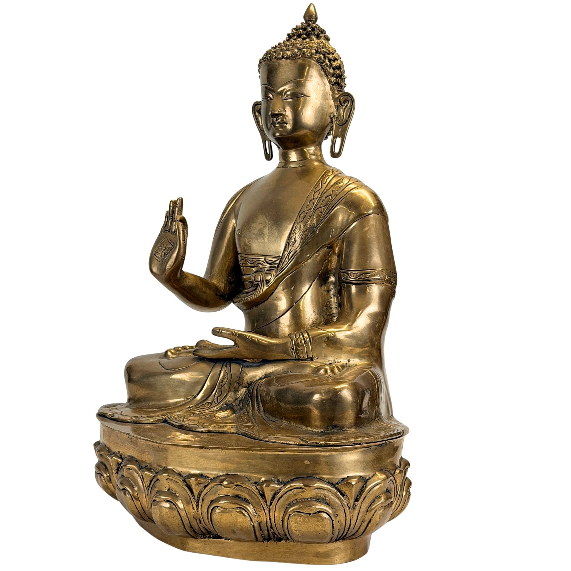 Antieke bronzen Shakyamuni Boeddha schuin van links gezien