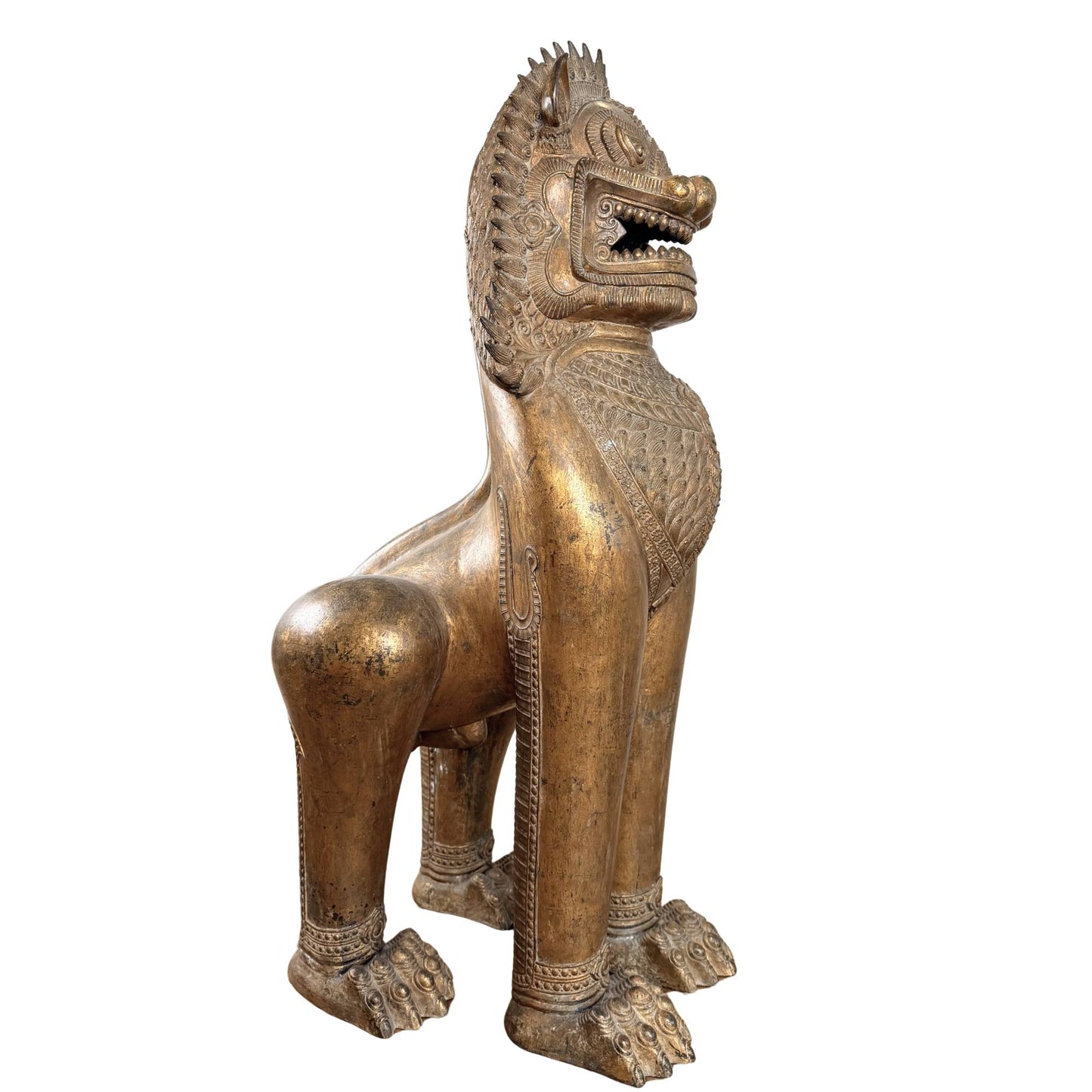 Antique Singha temple lion from Siam, Thailand, monumental gilded Buddhist guardian lion with ritual protection symbolism