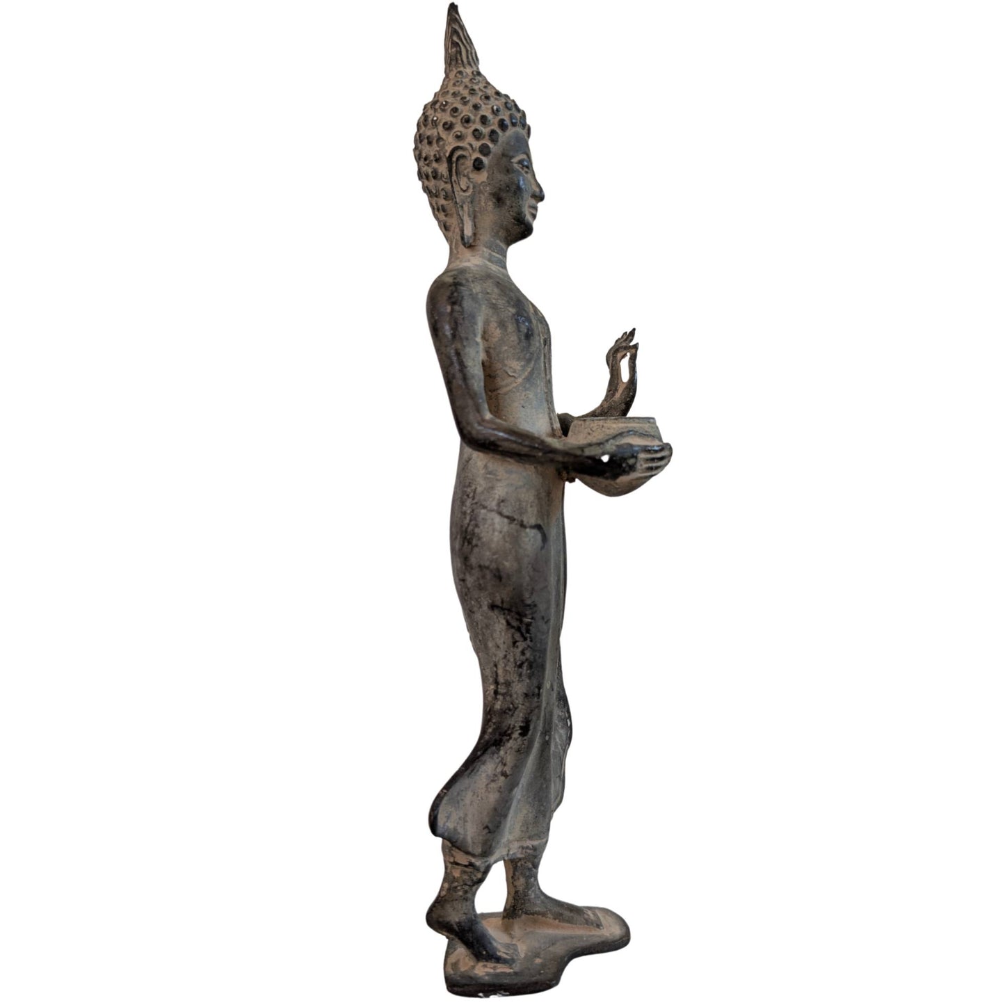 Classic Thai bronze Buddha with dark patina and flaming ushnisha.