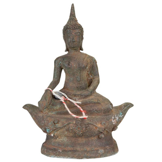 Antique Thai bronze Buddha on a lotus base with a deep patina