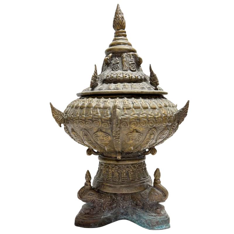 Antique Thai bronze reliquary with elephant base and stupa shape
