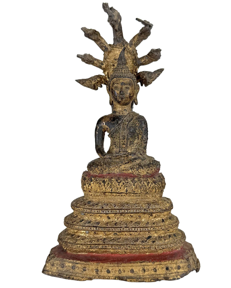Statue antique de Bouddha Naga thaïlandais doré – Protection de Muchalinda – 19 cm - Thais Boeddhabeeld