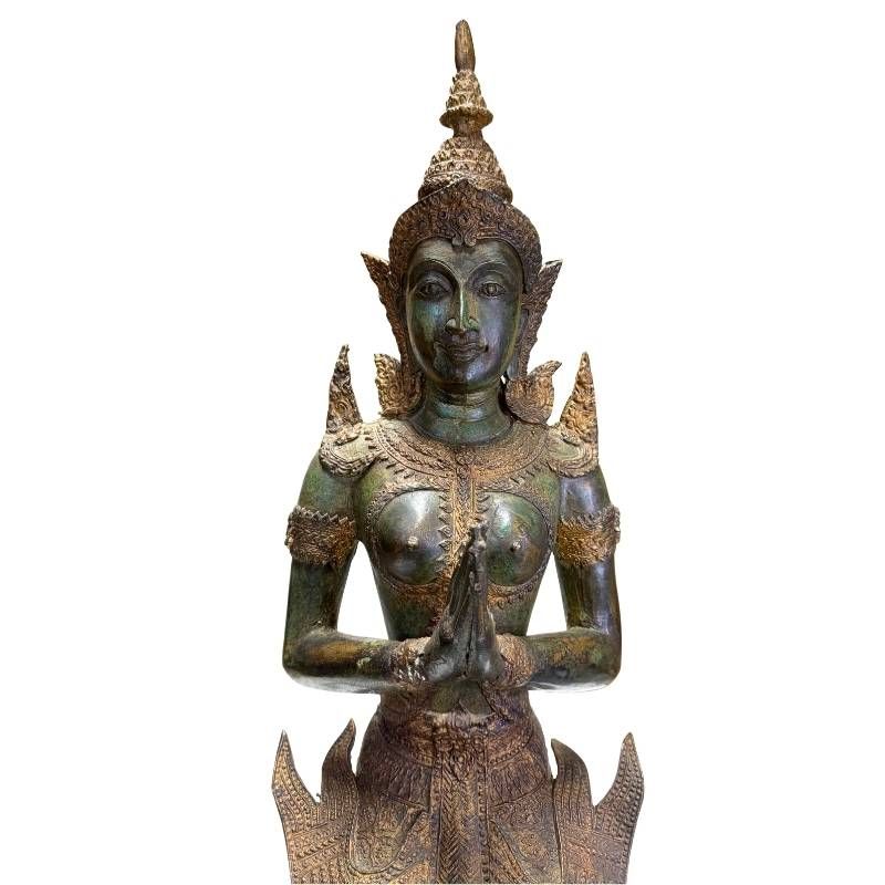 Antique Thai temple guardians in Anjali mudra executed in bronze