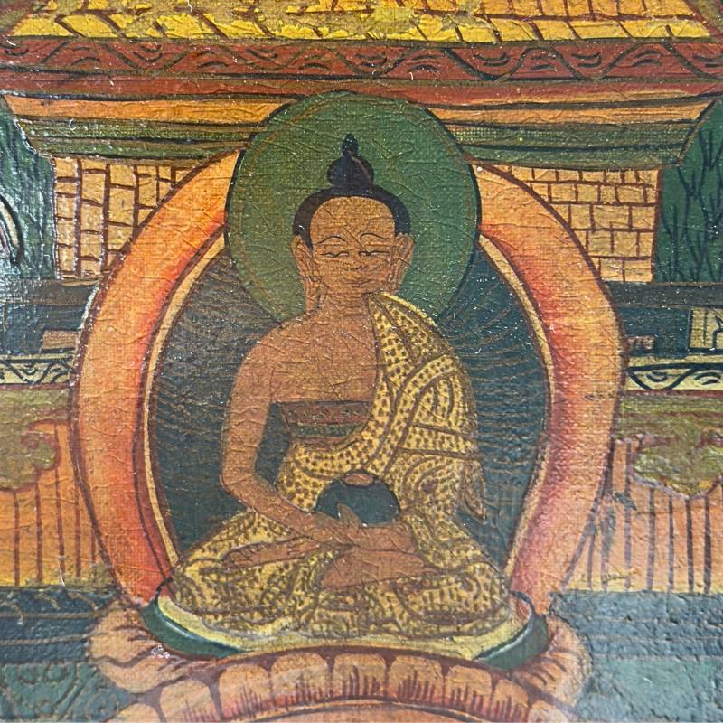 Antique thangka painting on canvas mounted on wood religious art