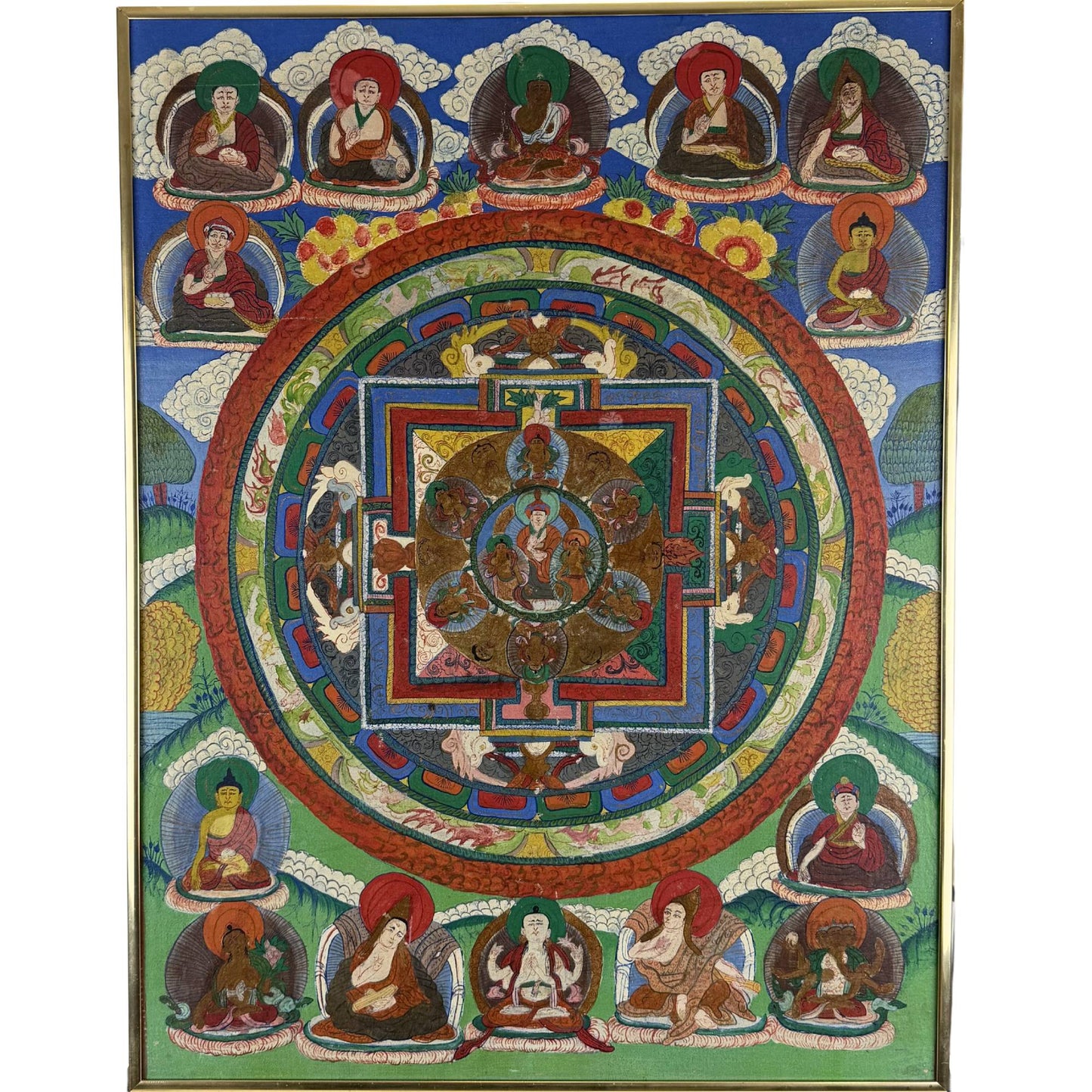 Antique hand-painted Tibetan mandala thangka with rich Buddhist symbolism