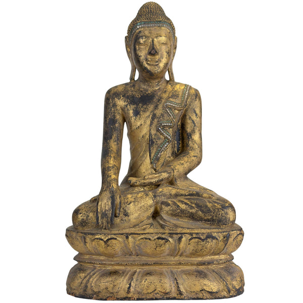 Antique Gilded Wooden Buddha – Myanmar Mandalay Style – Glass Inlay