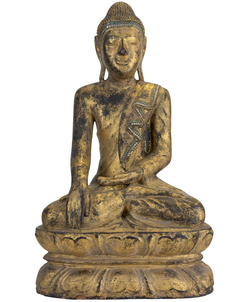 Bouddha ancien en bois doré – Style Mandalay du Myanmar – Incrustation de verre
