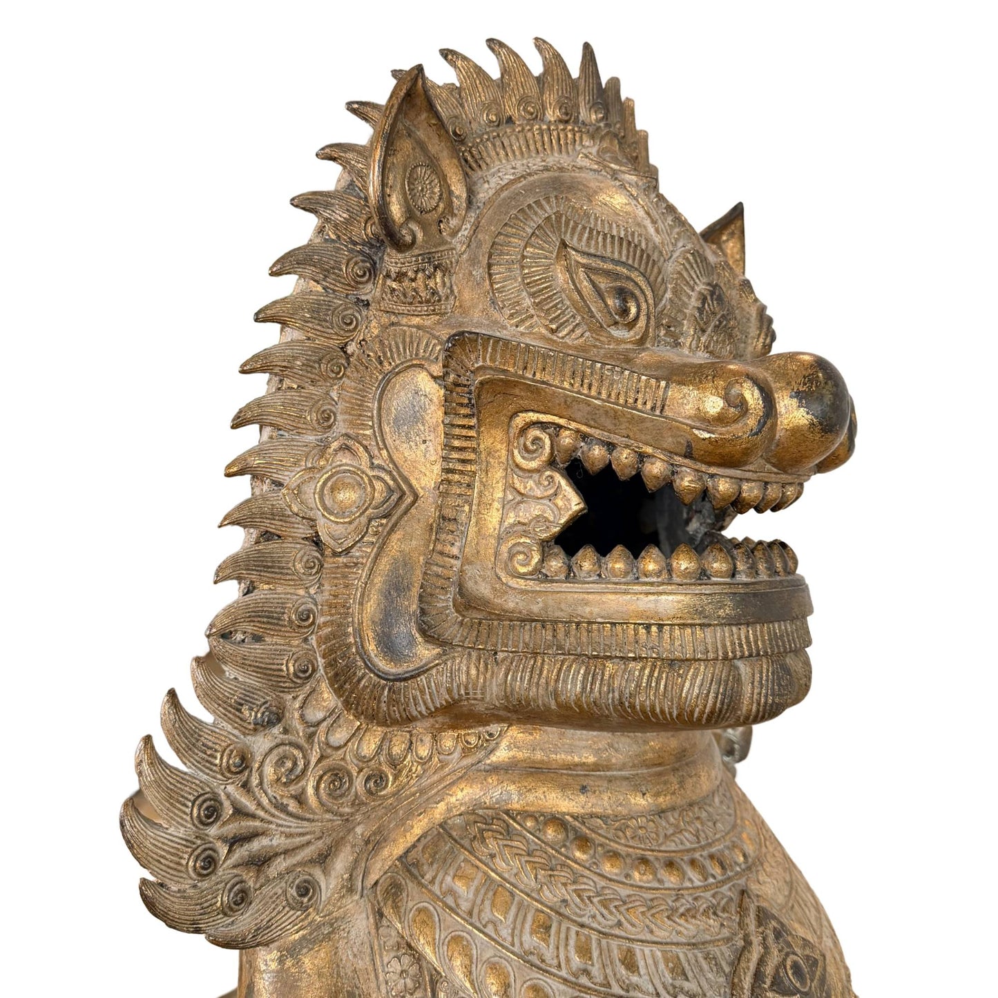 Antique gilded lion from Siam, Thailand, Buddhist temple statue with a rare monumental appearance