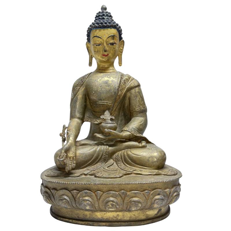 Antique fire-gilded Physician Buddha in bronze with original painting