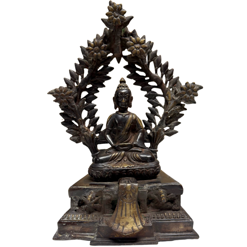 Antique fire-gilded Himalayan Shakyamuni Buddha with halo and lotus base