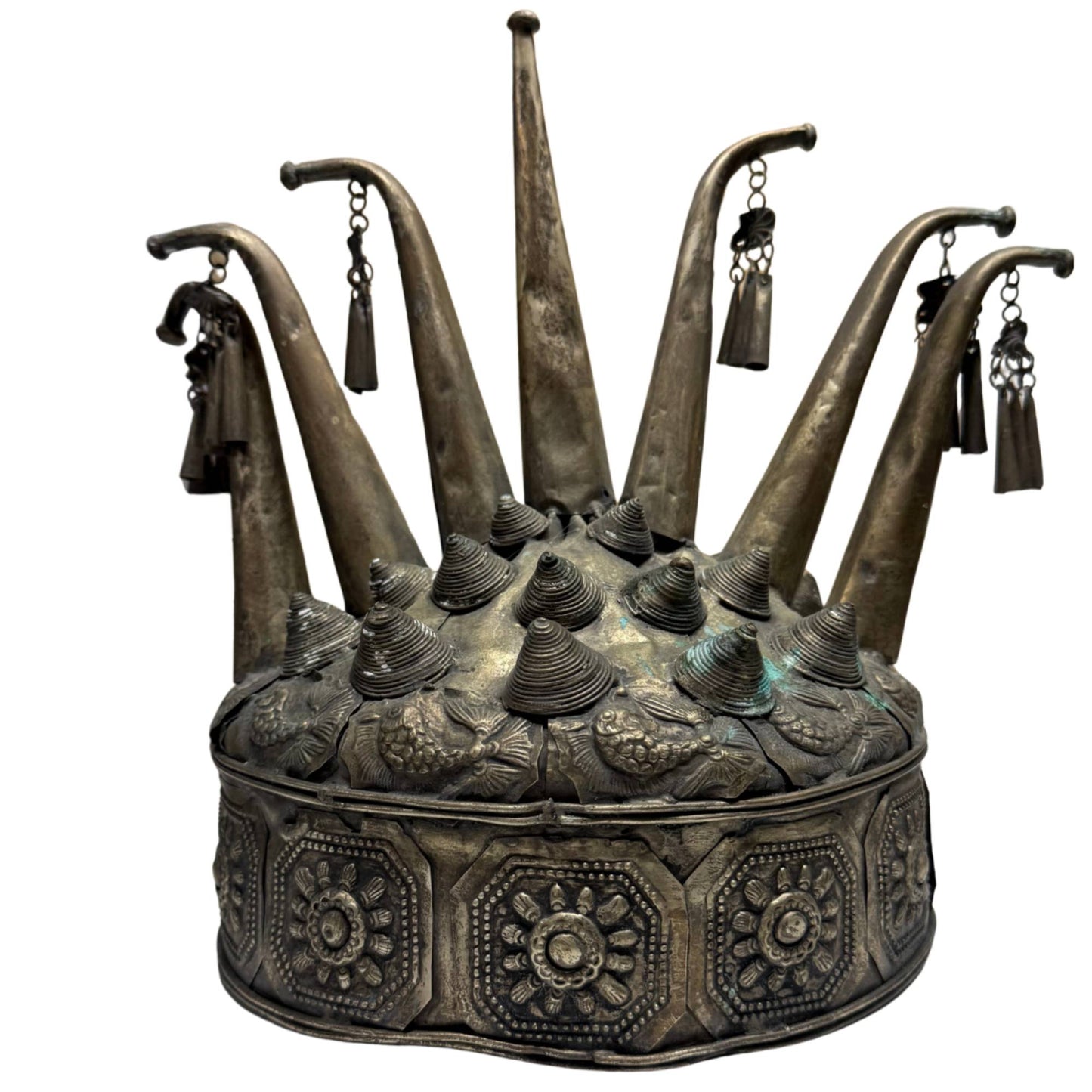 Antique Southeast Asian shaman's crown, hand-beaten metal with floral panels, bells, and ritual symbolism