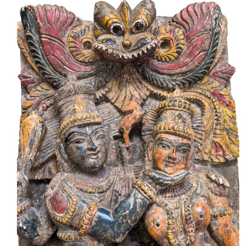 Indian temple panel Vishnu with Lakshmi, wood, polychrome relief