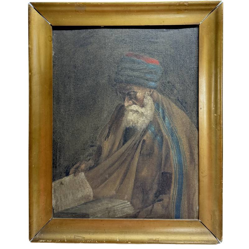 Antique Jewish painting, oil portrait of Rabbi Yehuda Zeitoun from Monastir, Tunisia, circa 1905, in original gilded frame.