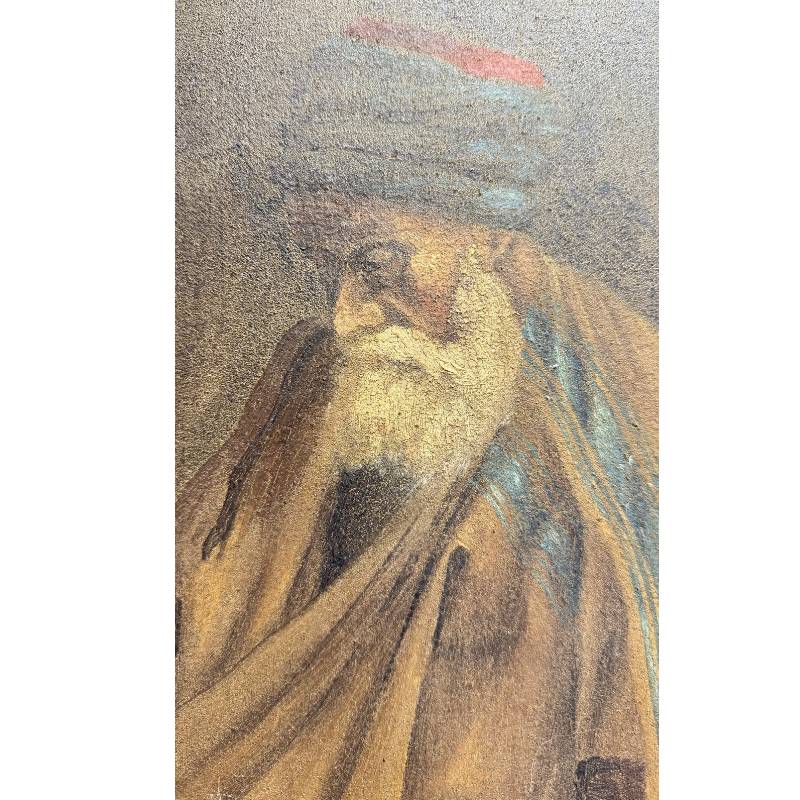 Close-up of the Rabbi's face and the Torah scroll, showing the fine craquelé and the authentic oil painting technique, circa 1905.