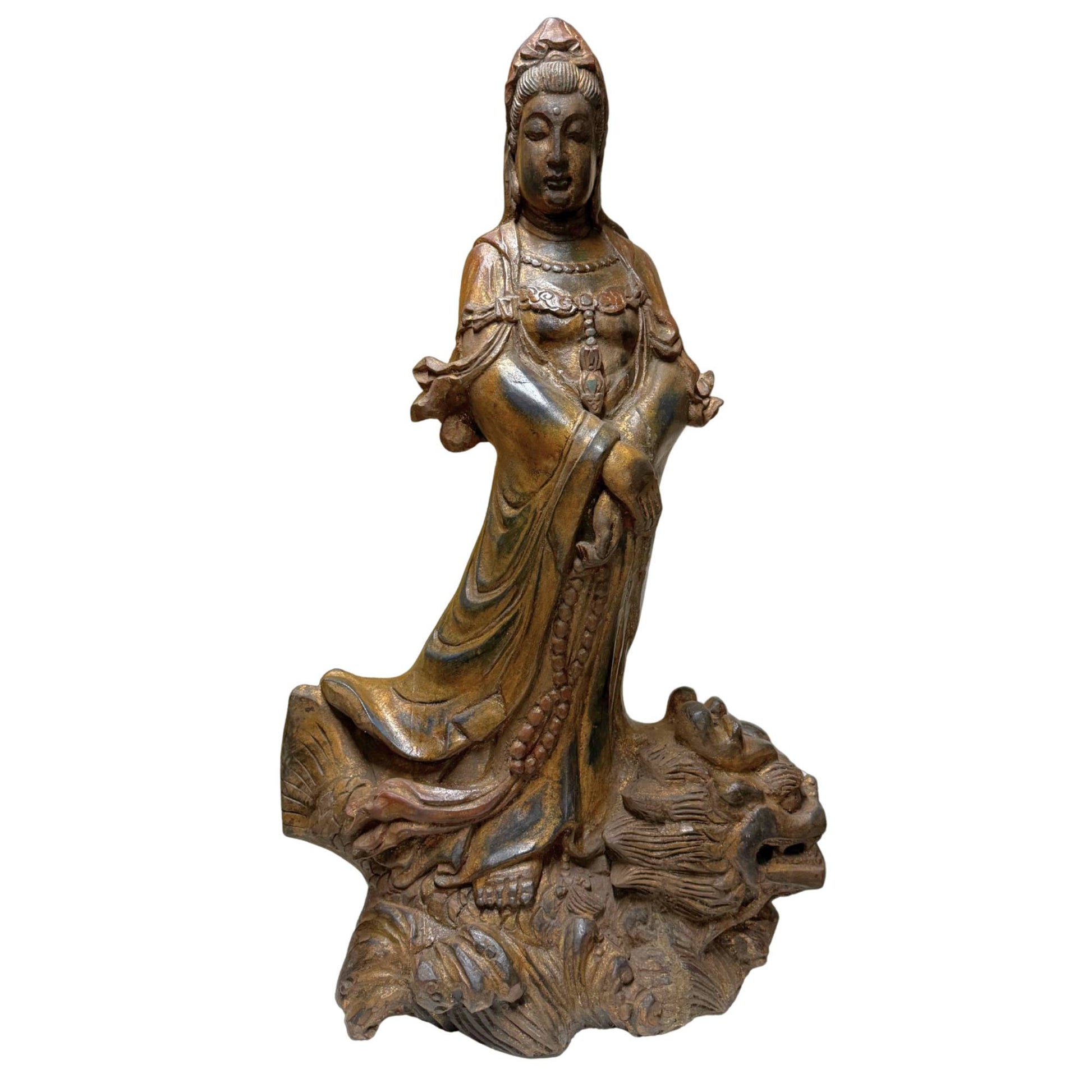 Authentic lacquer gilding wood carving Kwanyin expert audit