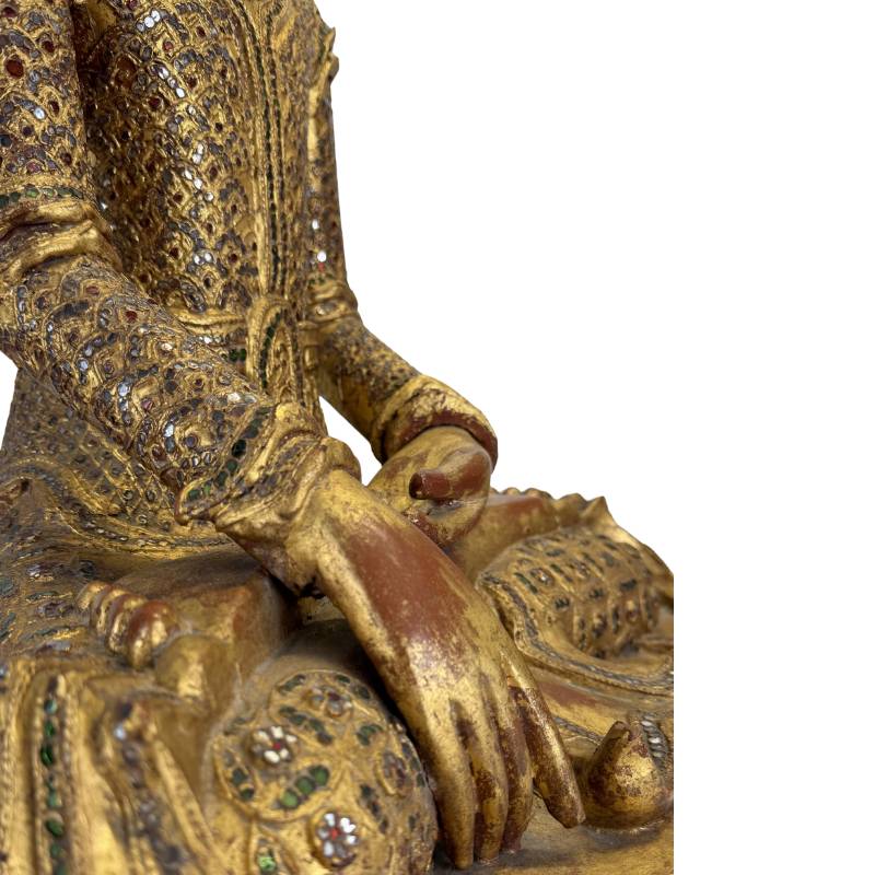 authentic wooden Buddha gilded with glass inlay detail finish