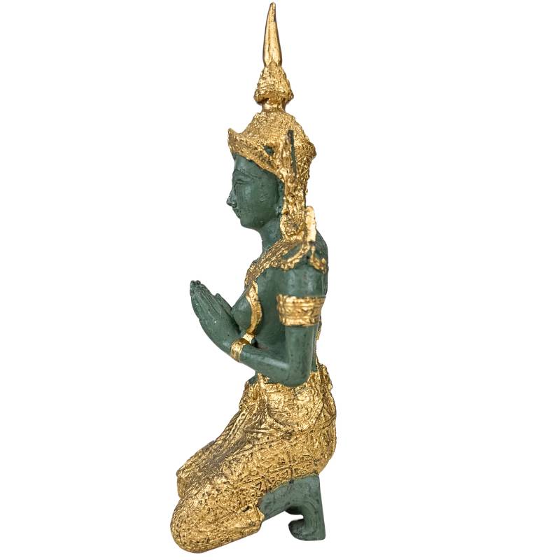 Asian statue of a kneeling couple in Thai style, gold patina