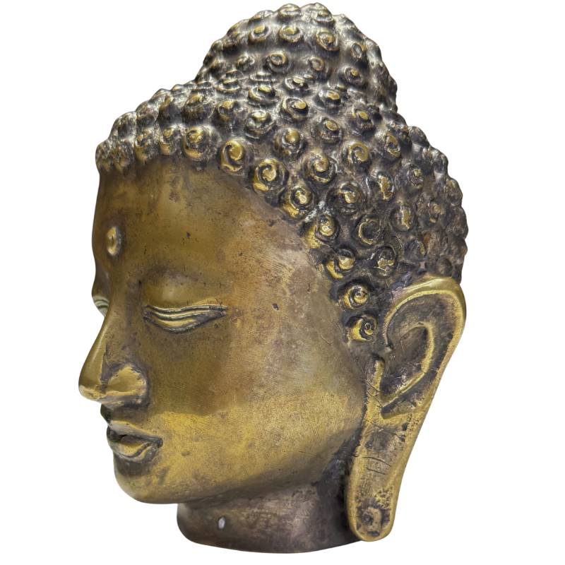 Asian Buddha head of bronze with remnants of gilding