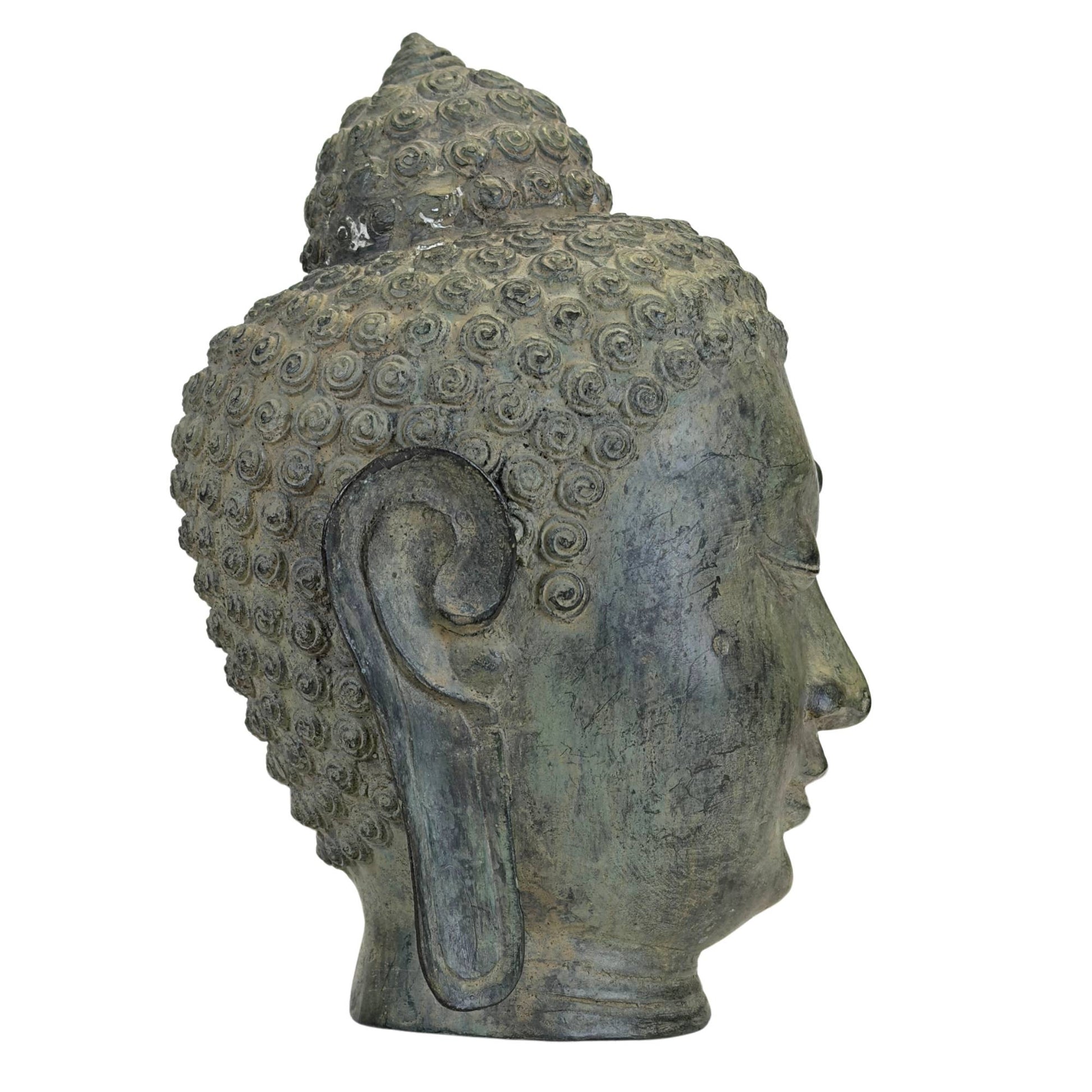 Asian Buddha head of bronze with natural green-gray patina
