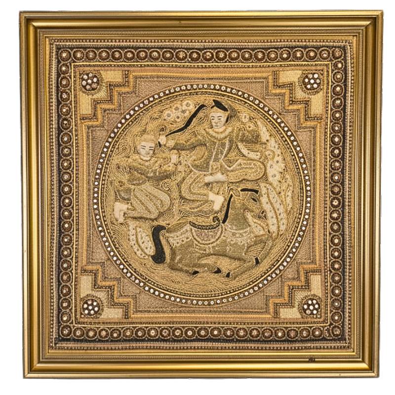 Asian embroidery wall panel from Myanmar with textiles and beads