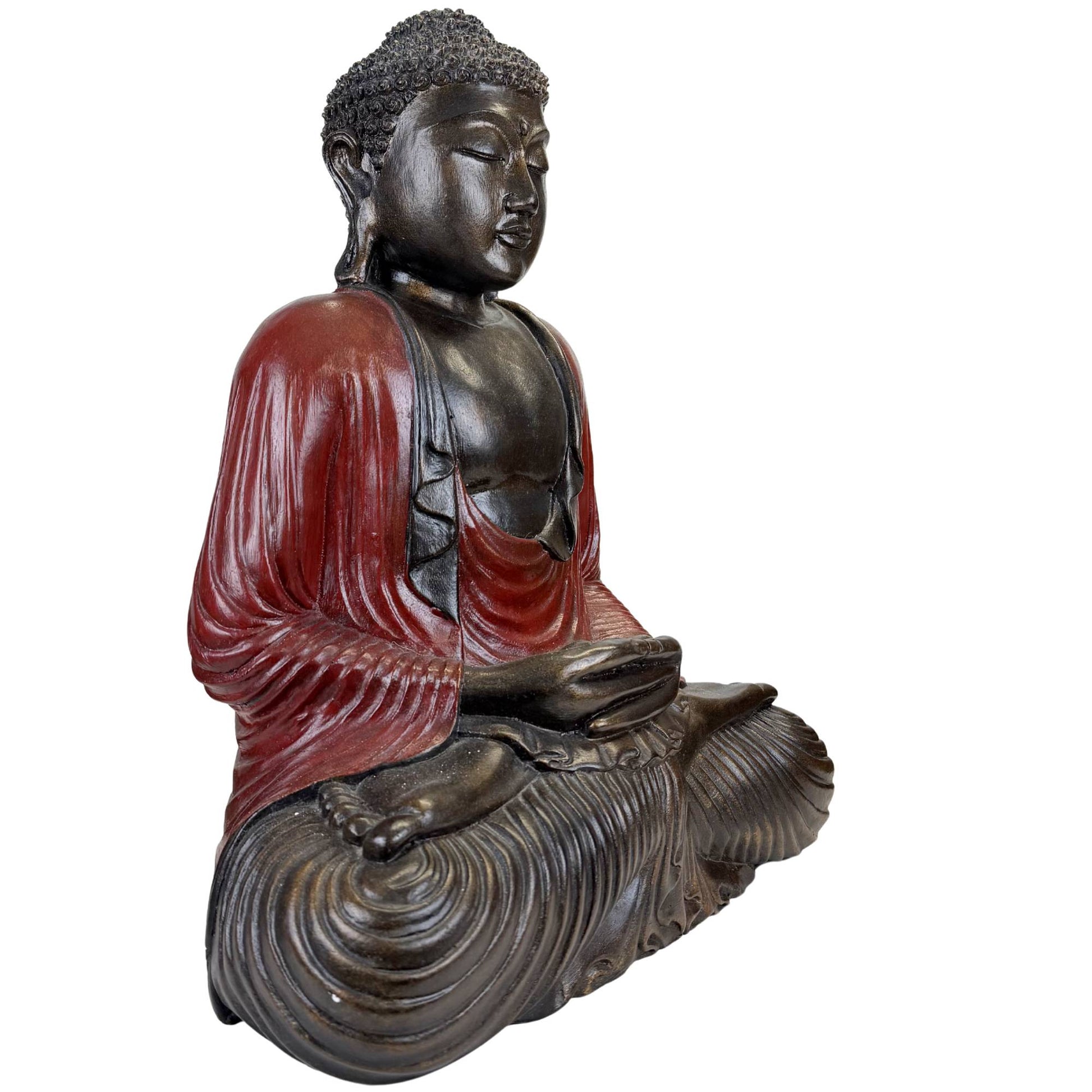 Large Asian Buddha statue made of resin with a dark patina and a calming appearance