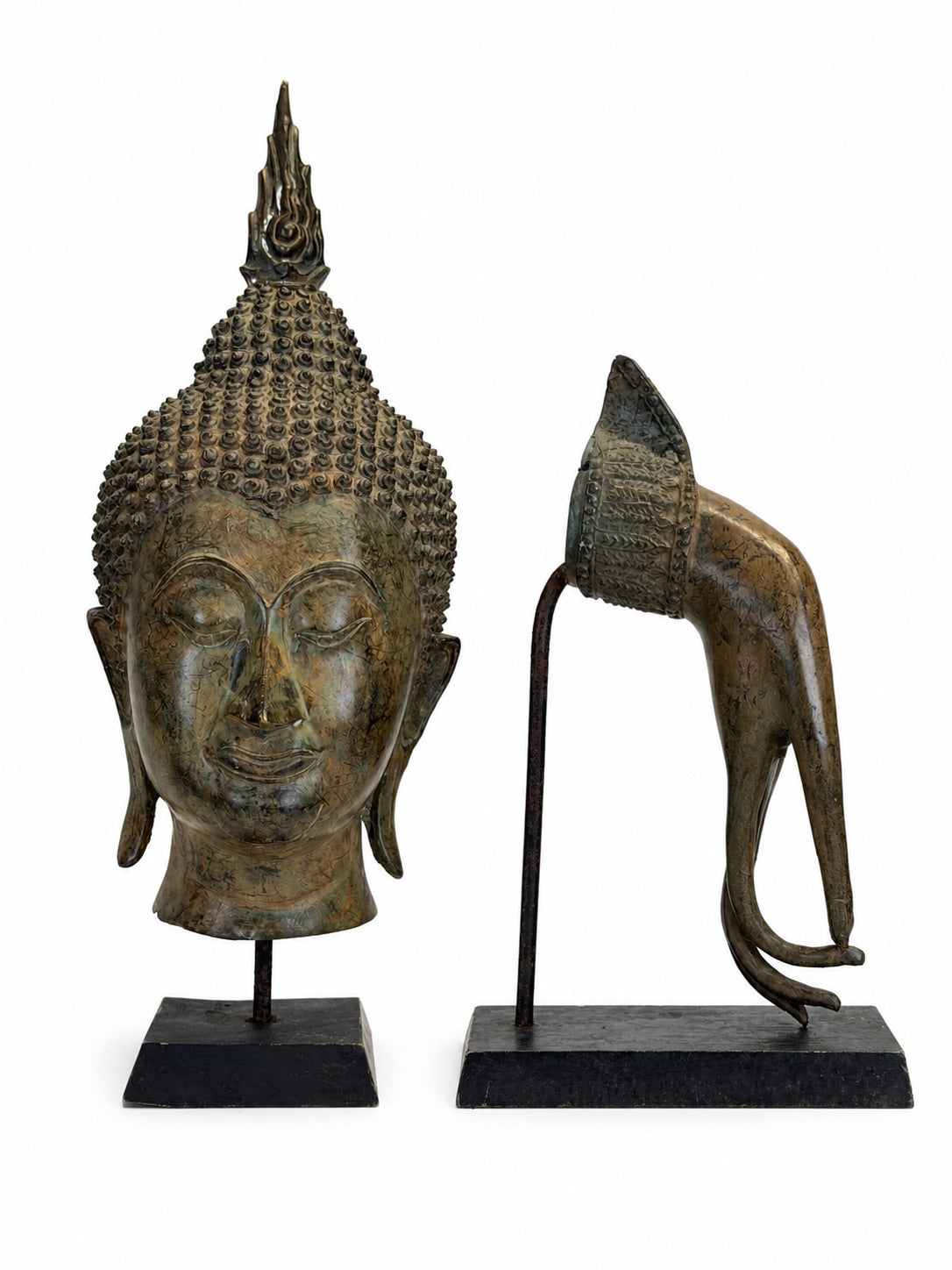 Antique Thai Buddha sculptures in bronze with natural aging patina