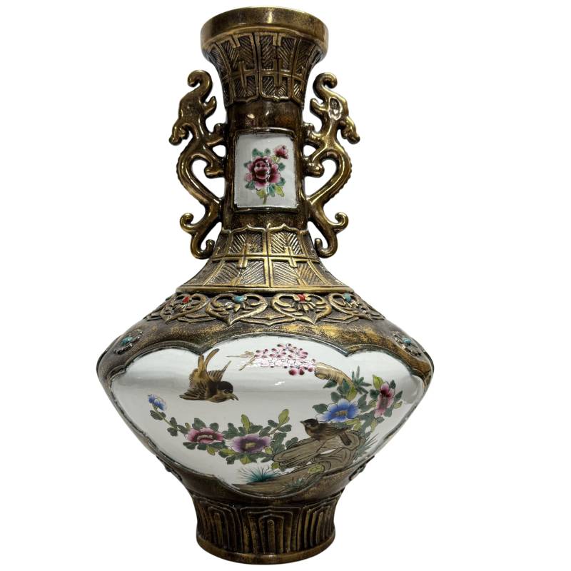 Asian vase porcelain panels metal structure floral motif