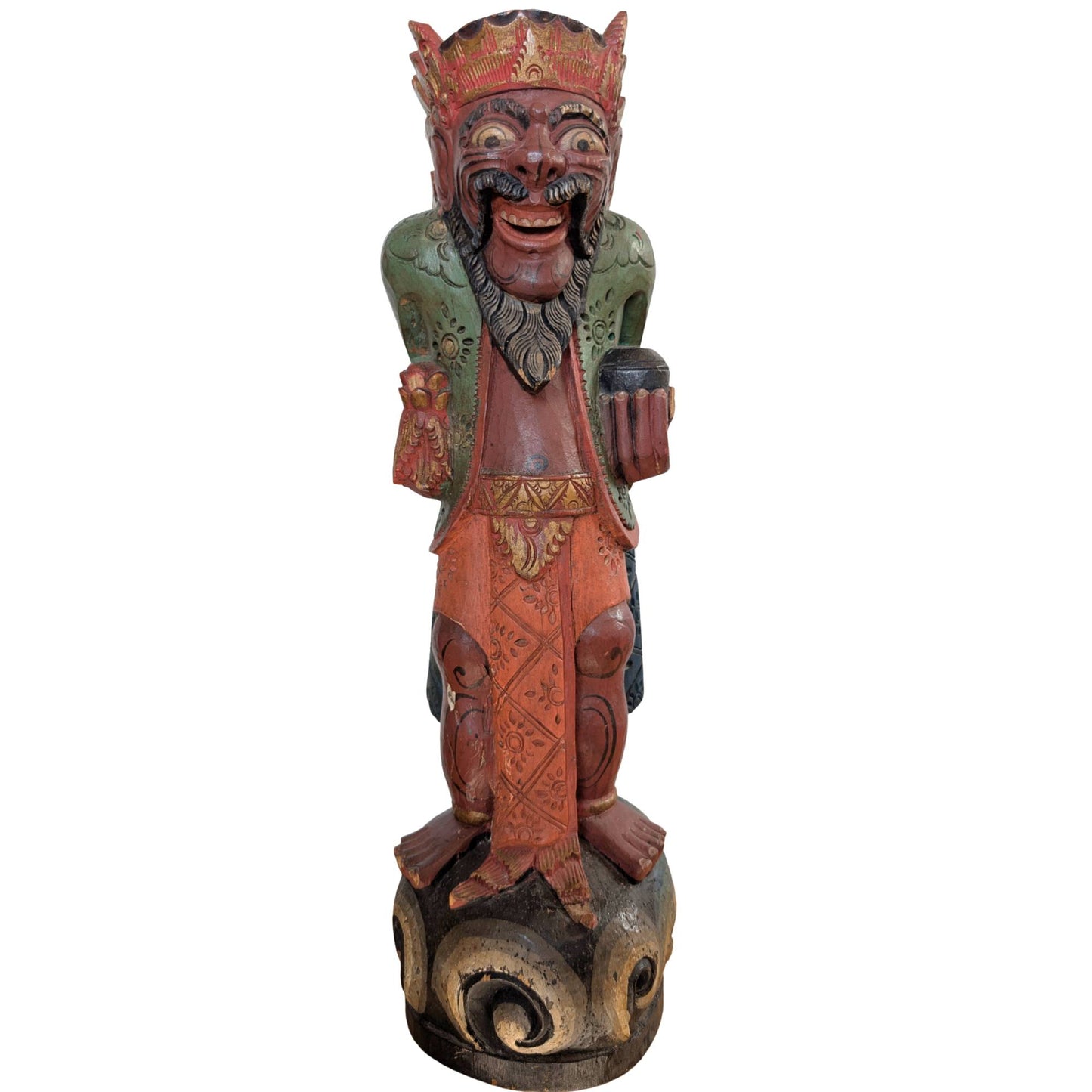 Front view of a 60cm tall hand-carved Balinese Dvarapala statue of polychrome wood