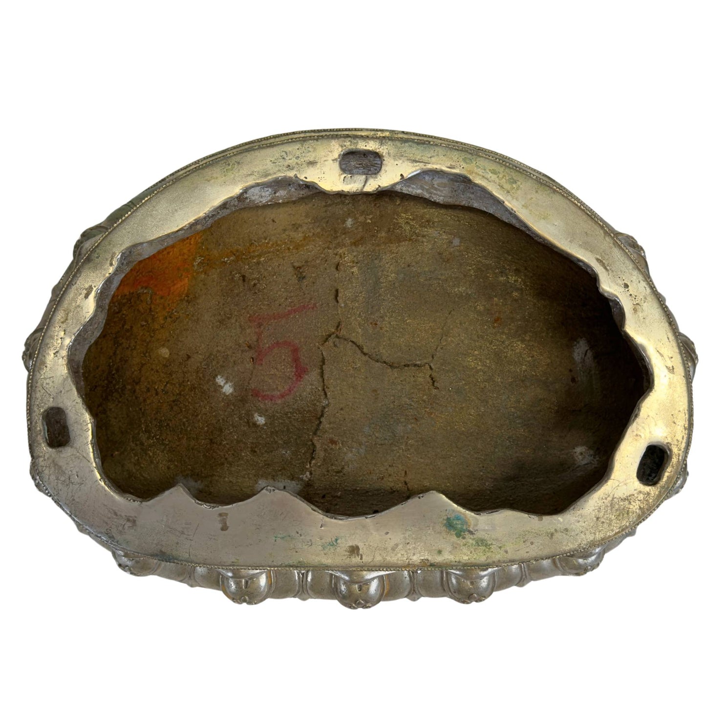 Interior of the separate Newar lotus throne with original casting core and old construction.