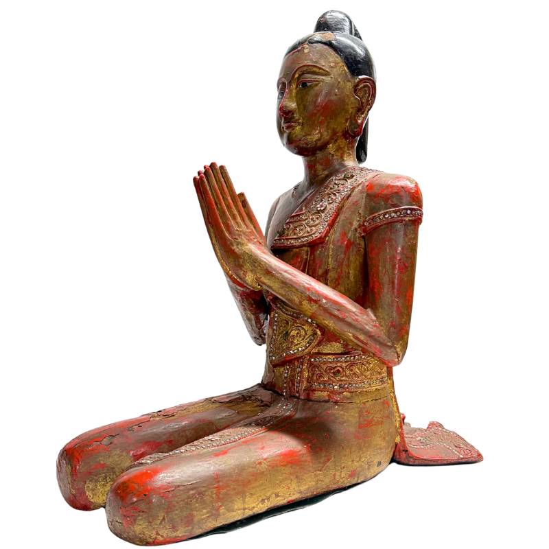 Burmese hand-carved wooden monk with lacquer
